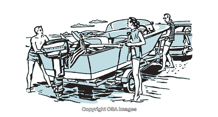 Family Loading a Boat at a Beach in Retro Illustration Style