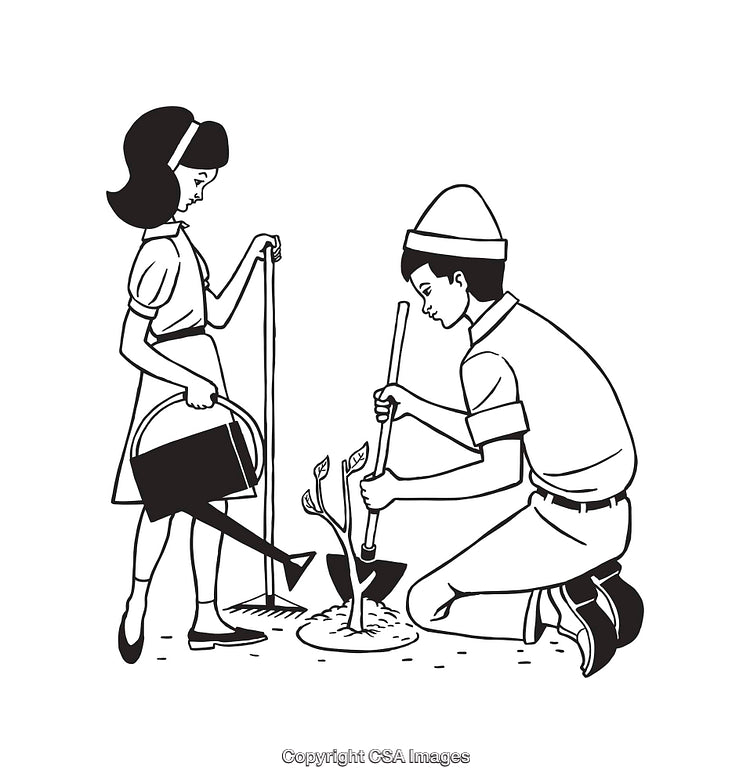 Children Planting Saplings Together in Black and White Line Art Illustration