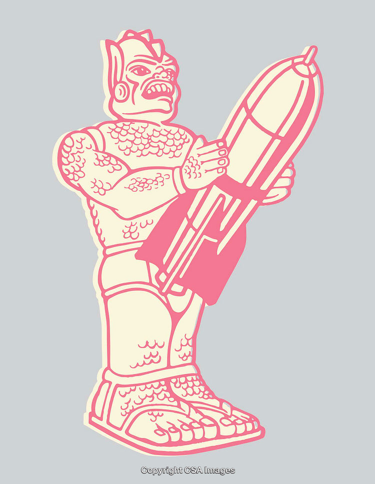 Colorful Illustration of a Creature with Scaly Skin Holding a Rocket