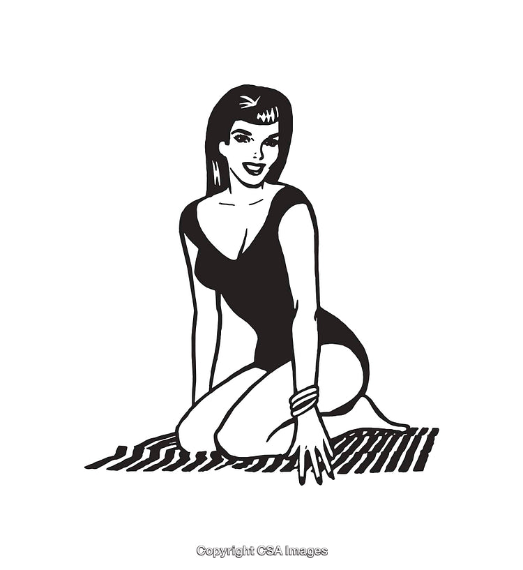 Retro-Style Woman Sitting on Rug in Black and White Illustration