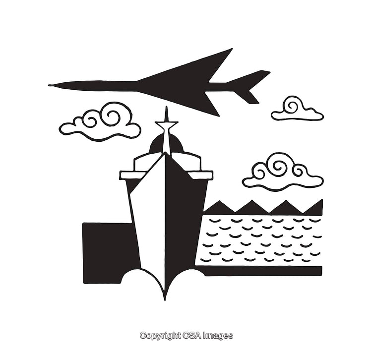 Black and White Line Art of Airplane, Ship, and Scenic Elements