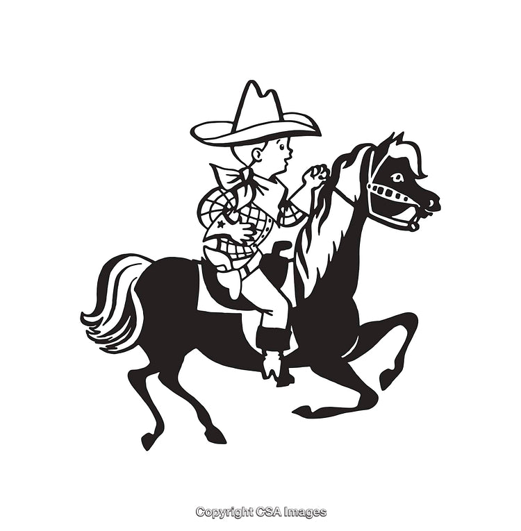 Black and White Illustration of a Cowboy Riding a Horse in Motion