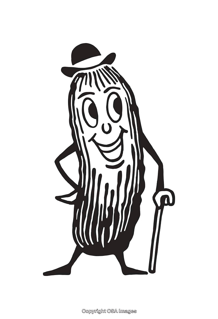 Retro Black And White Illustration of a Dapper Anthropomorphic Pickle Character
