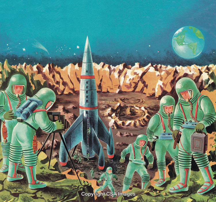 Astronauts Exploring Alien Planet Landscape with Spaceship and Distant Earth View