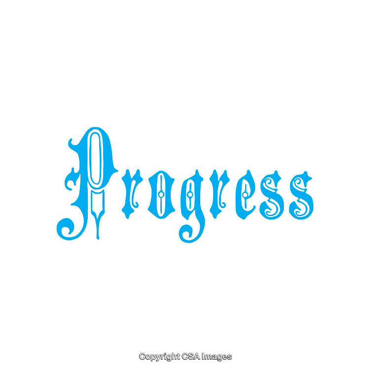 Vintage Ornate Typography Featuring the Word Progress in Light Blue on White