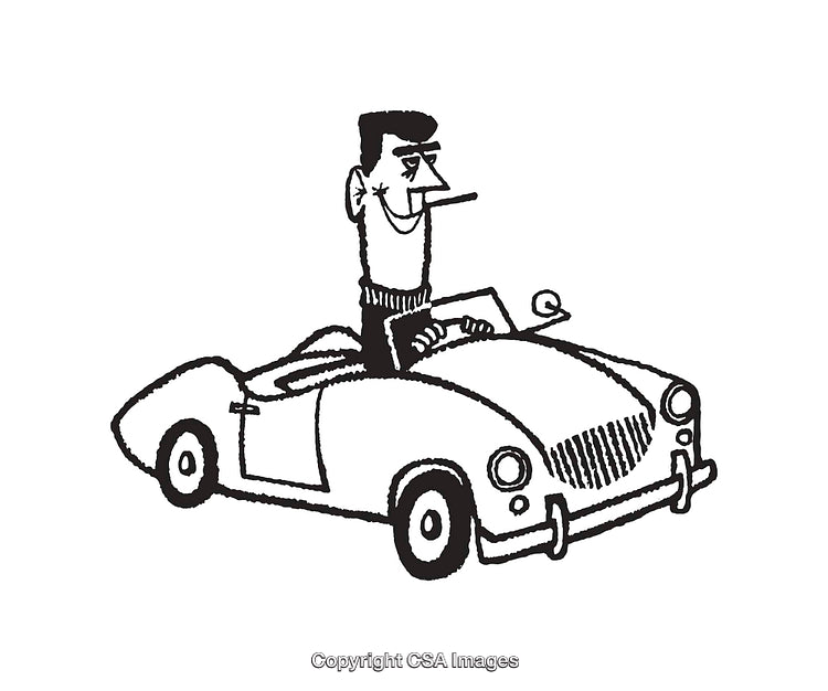 Cartoon Car Driver in Classic Convertible Line Art Illustration