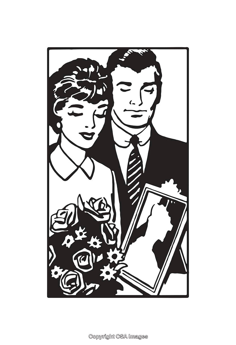 Vintage Black and White Illustration of a Couple with Roses and Photograph