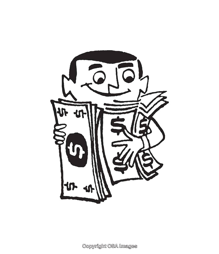 Black and White Illustration of a Man Holding Stacks of Cash
