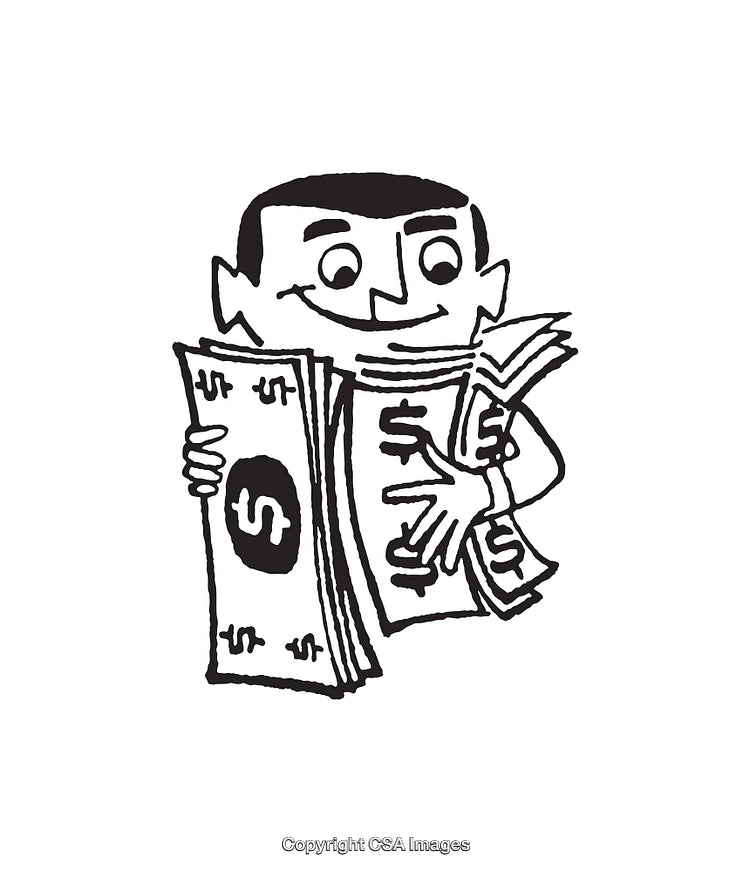 Black and White Illustration of a Man Holding Stacks of Cash