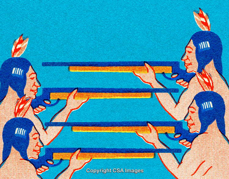 Colorful Retro Illustration of Figures Holding Long Rifles on Bright Cyan Background