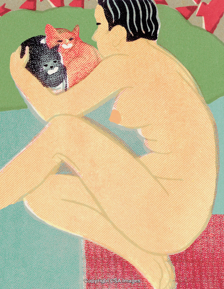 Artistic Depiction of Person Embracing Two Cats in a Serene Moment