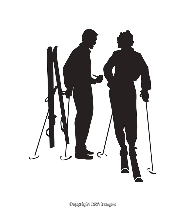 Black and White Silhouette of Skiers in Conversation at a Ski Resort