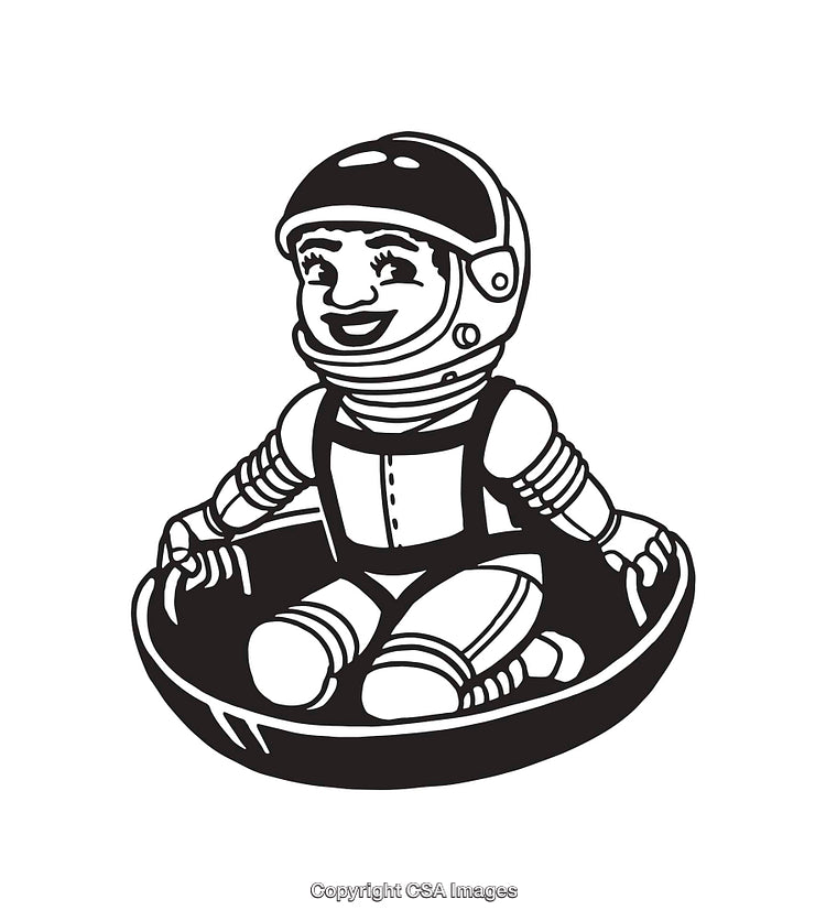 Child Astronaut Sitting in a Space Pod, Black and White Illustration