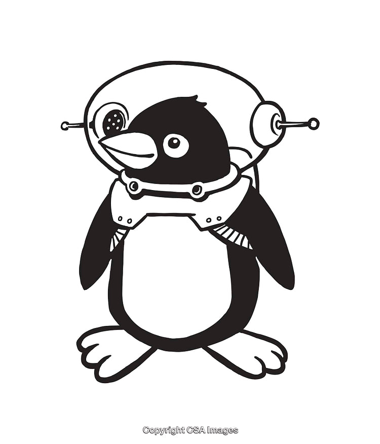 Space Penguin Wearing a Futuristic Helmet in Black and White Line Art