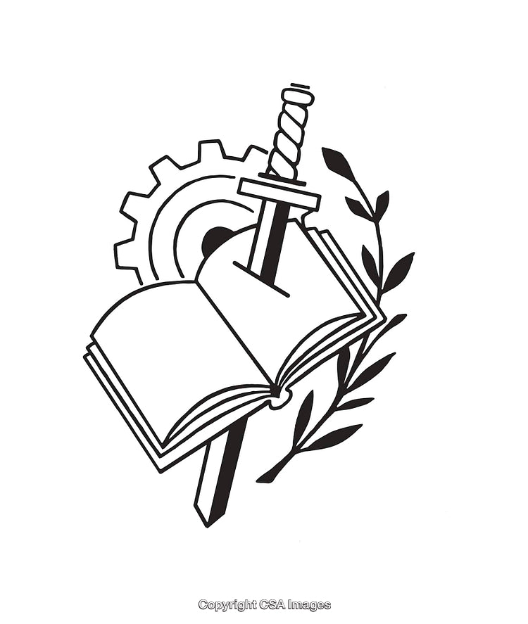 Stylized Crest Featuring Sword, Book, Gear, and Branch in Line Art