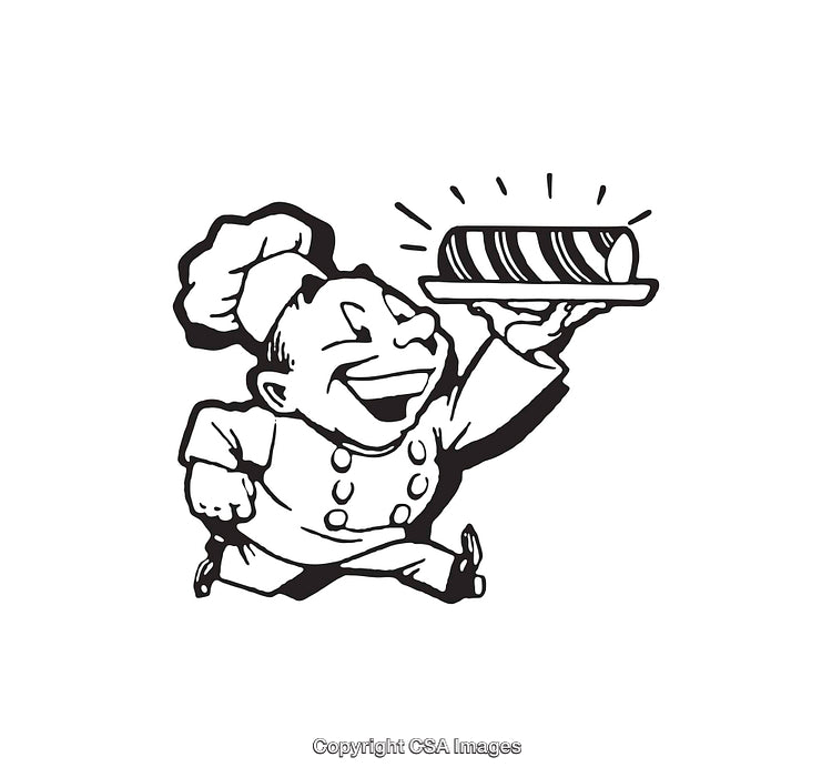 Happy Cartoon Chef Holding Served Dish in Black and White Line Art
