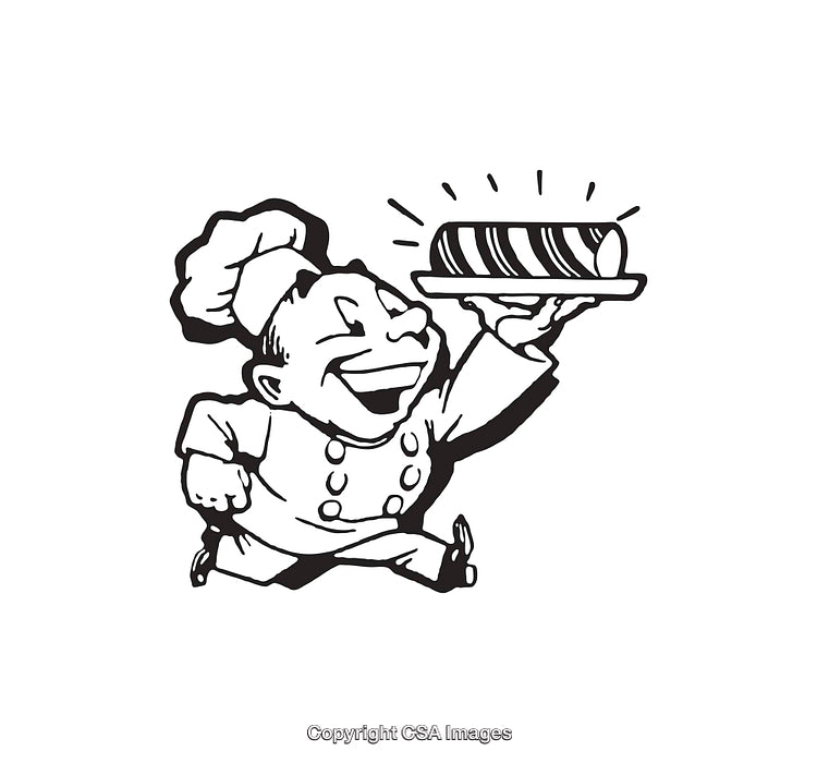 Happy Cartoon Chef Holding Served Dish in Black and White Line Art