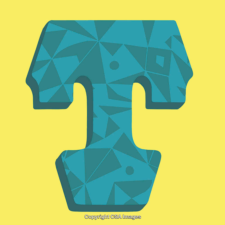 Geometric Design of Letter T with Abstract Blue Textures on Yellow Background