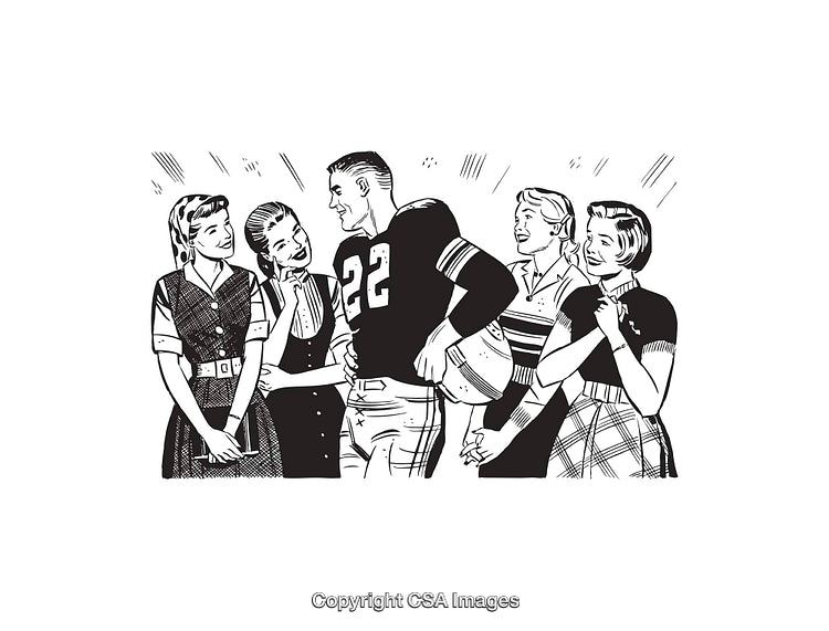 Vintage Line Art of a Football Player Interacting With Ladies