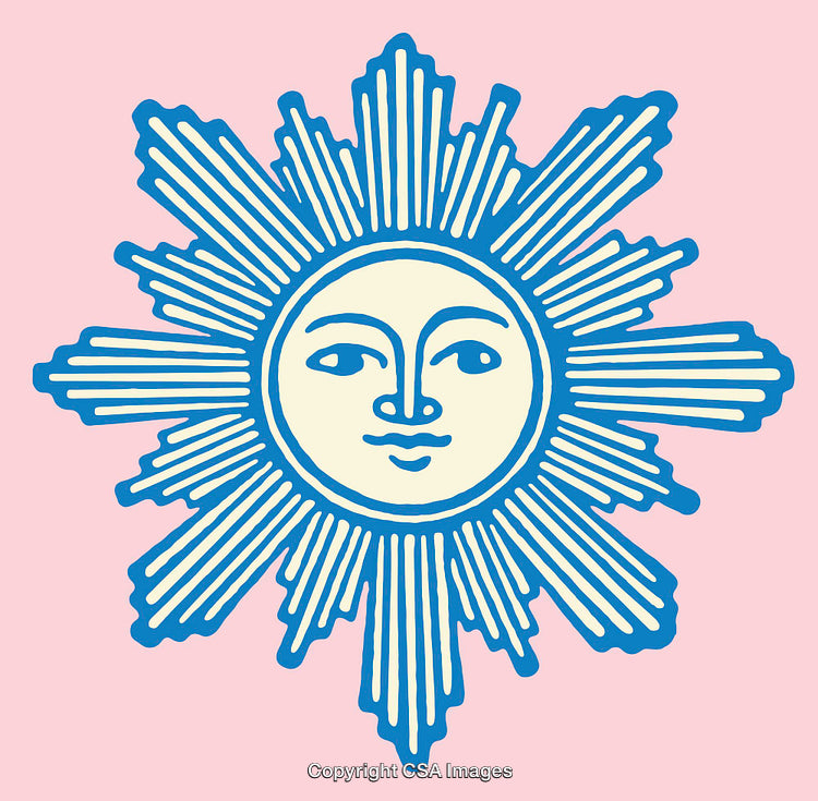 Blue Decorative Sun Illustration on Pink Background with Intricate Line Art