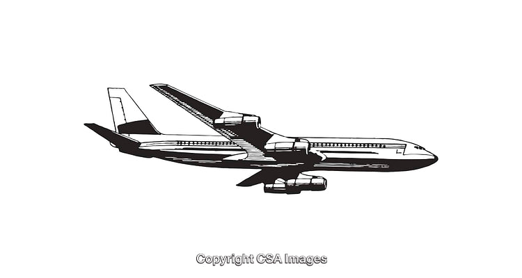 Black and White Line Art of a Commercial Airplane in Flight