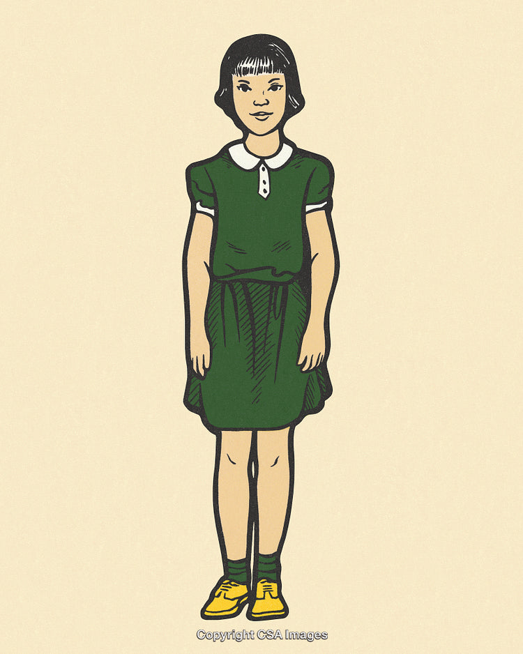Illustration of a Girl in Green Dress and Yellow Shoes Standing Calmly