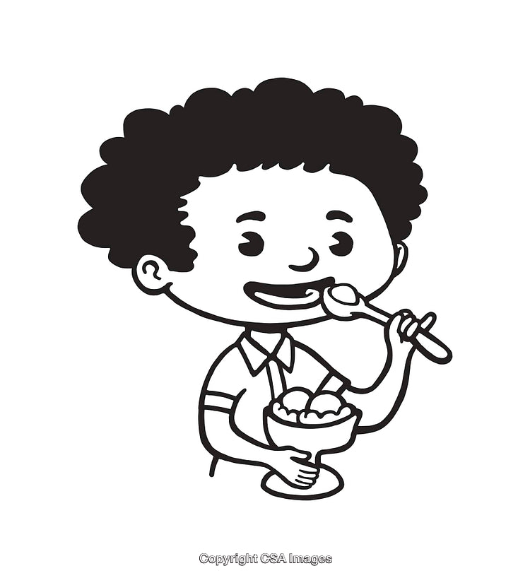 Illustration of a Happy Child Eating Ice Cream with a Spoon