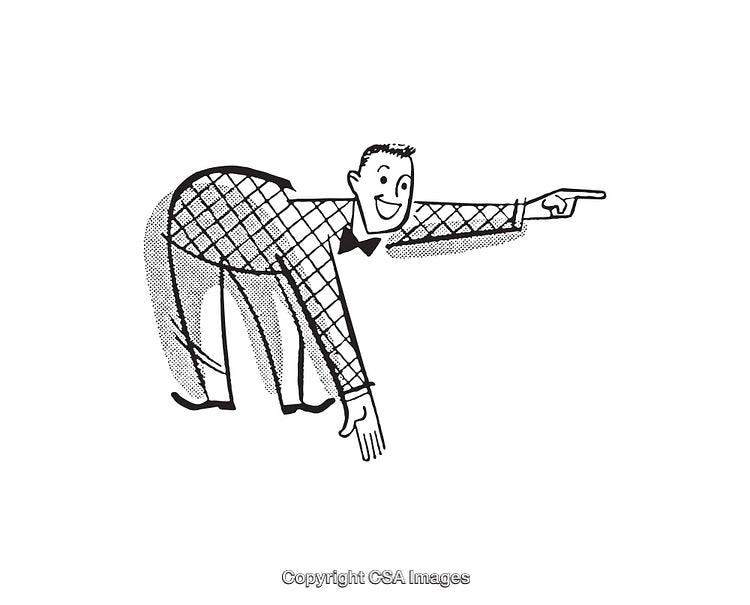 Black and White Retro Illustration of a Playful Character Pointing