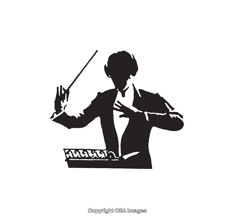 Black and White Line Art of a Conductor Leading an Orchestra