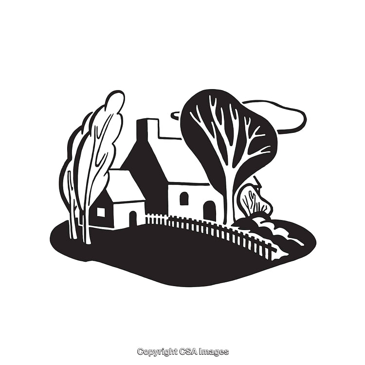 Charming Rural House with Trees and Fence in Monochrome Line Art