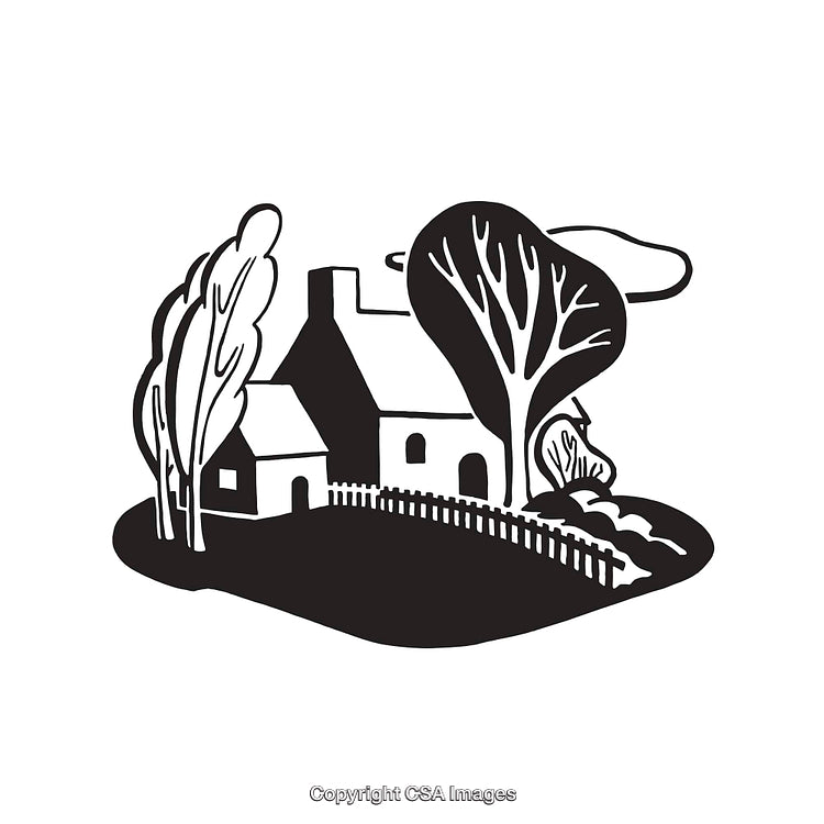 Charming Rural House with Trees and Fence in Monochrome Line Art