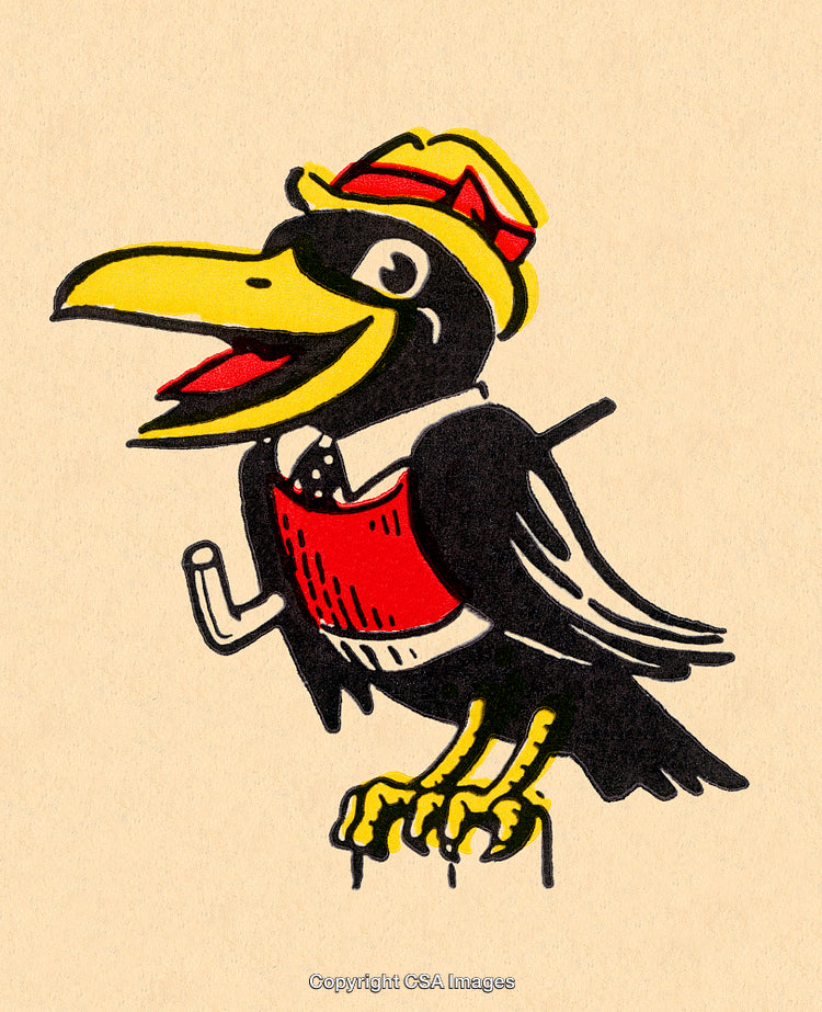 Cheerful Cartoon Crow Dressed in Clothes Wearing a Colorful Hat Illustration
