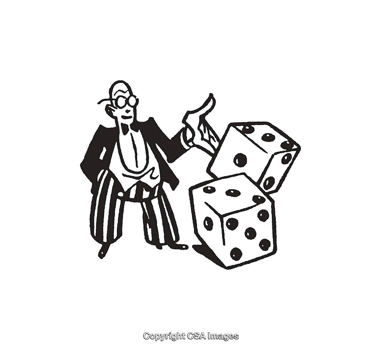 Vintage Line Art of a Man with Dice in Black and White