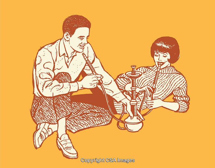 Illustration of Friends Sharing a Hookah in a Relaxing Environment