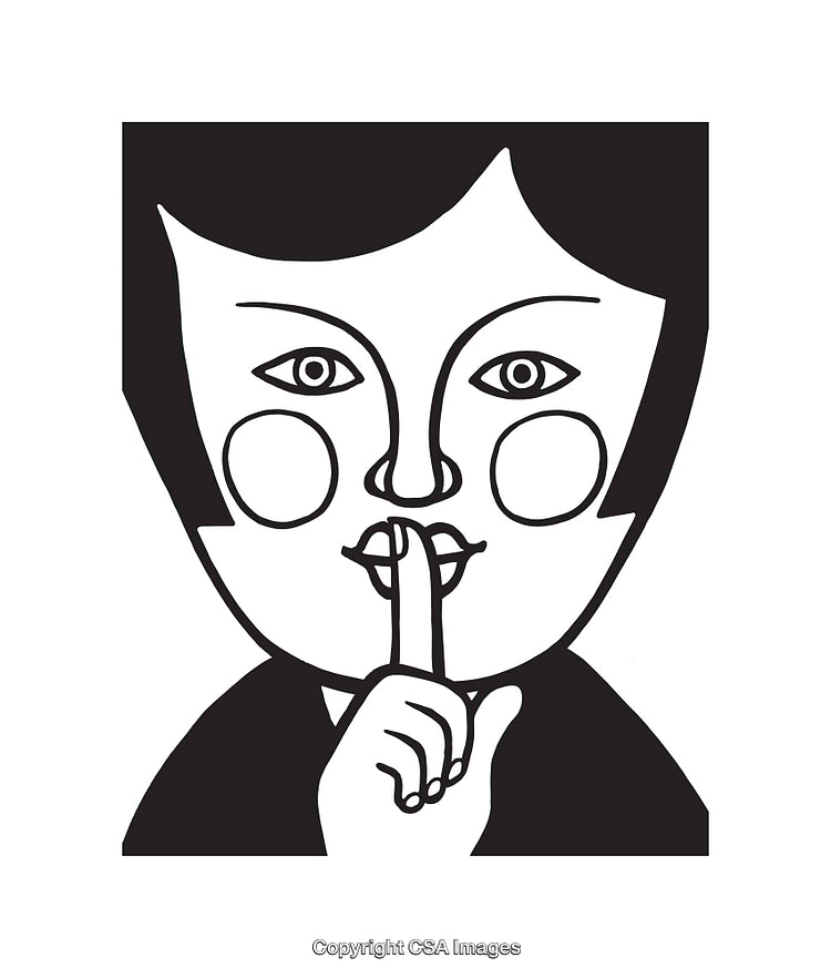 Black and White Line Art Illustration of a Person Gesturing Silence