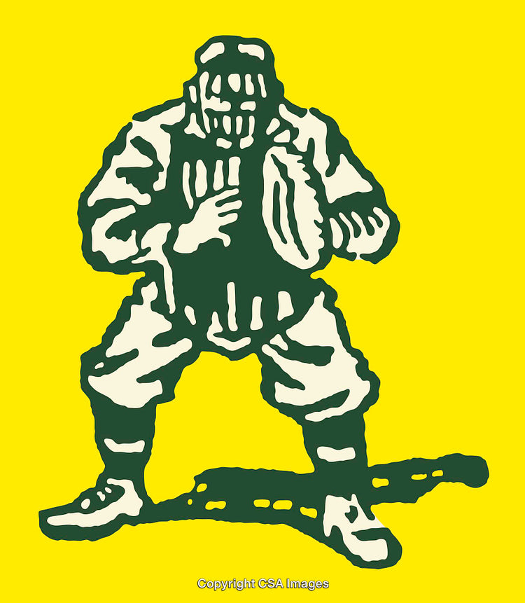Retro Illustration of a Baseball Catcher in Yellow and Green Colors