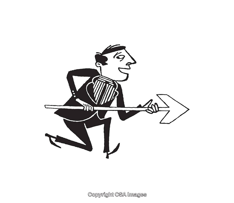 Black and White Illustration of Stylish Man Holding a Directional Arrow