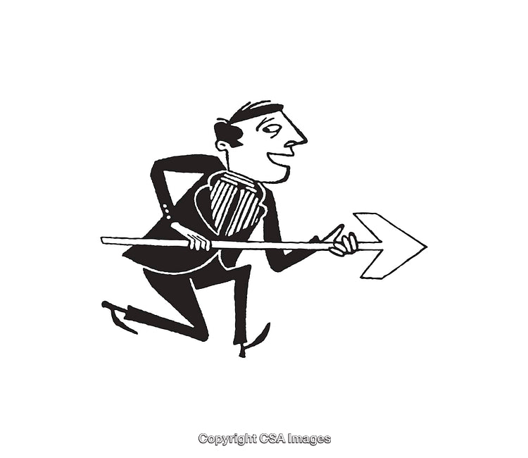 Black and White Illustration of Stylish Man Holding a Directional Arrow