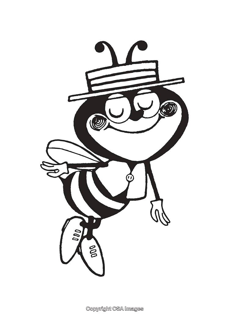 Whimsical Line Art of a Bee Character Wearing a Straw Hat and Smiling