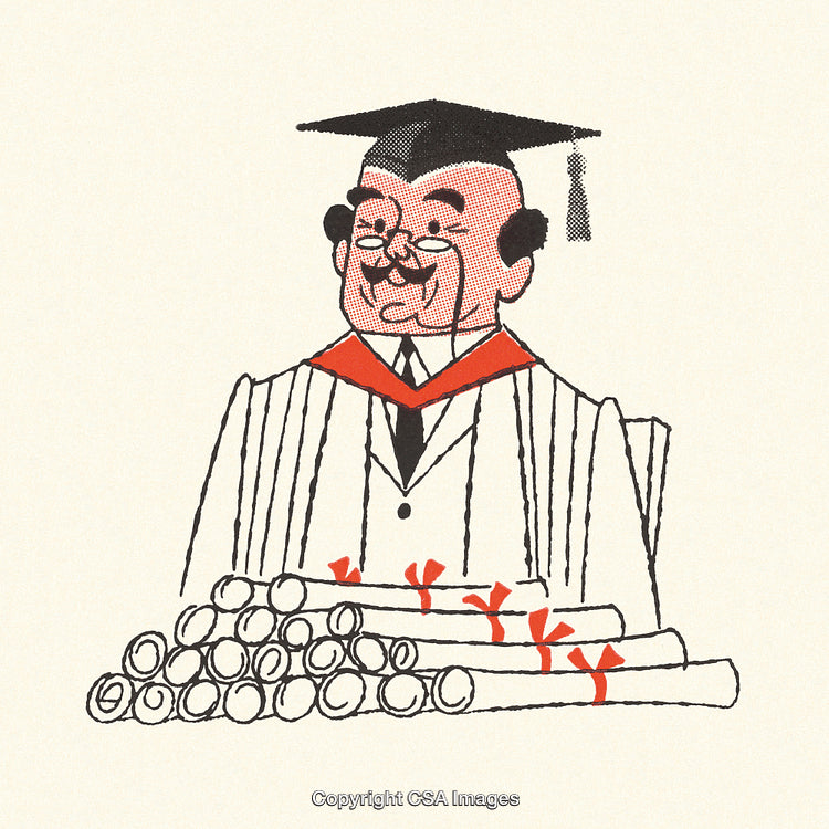 Professor Character in Academic Robe with Diplomas in Classic Illustration Style