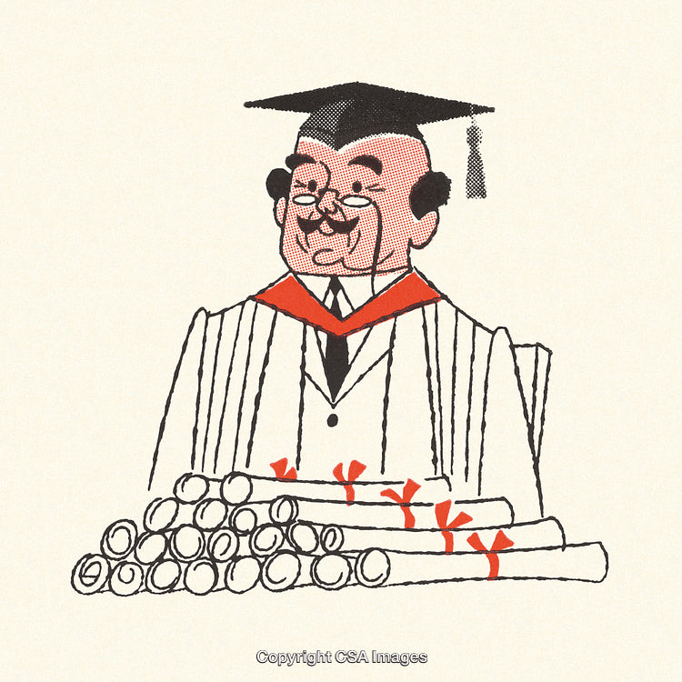 Professor Character in Academic Robe with Diplomas in Classic Illustration Style