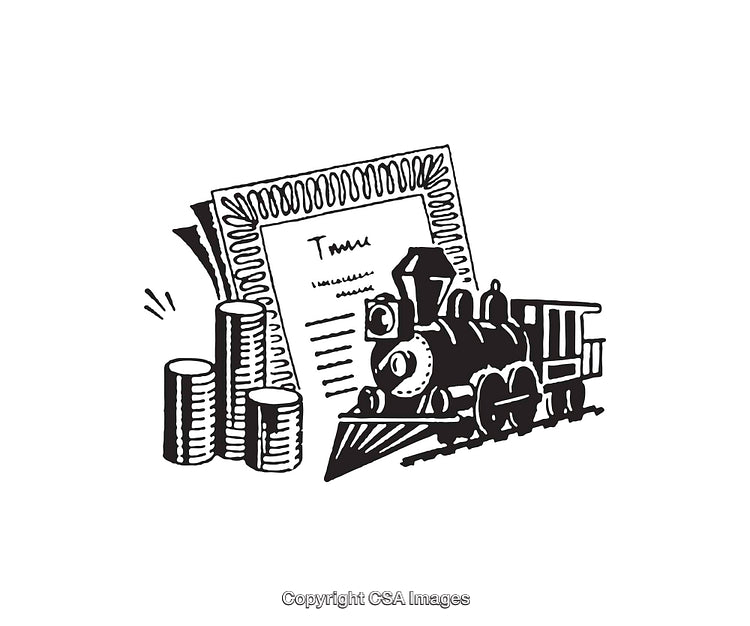 Black and White Illustration of Train with Financial and Economic Elements