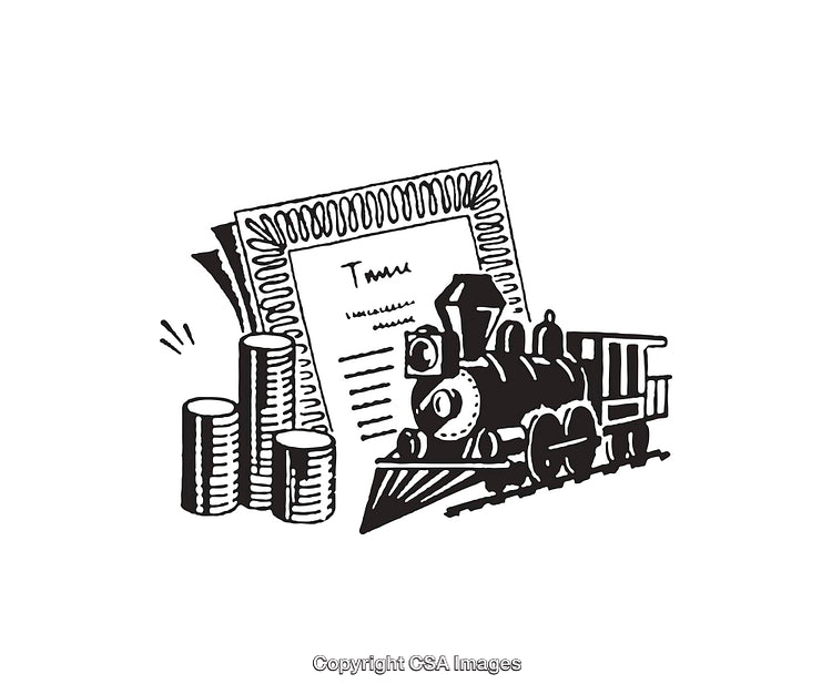 Black and White Illustration of Train with Financial and Economic Elements