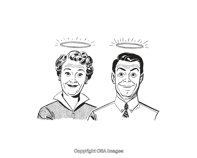 Retro Line Art Featuring Two Cheerful Characters with Halos