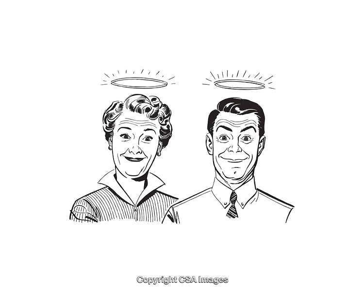 Retro Line Art Featuring Two Cheerful Characters with Halos