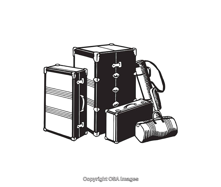 Vintage Black and White Luggage Illustration with Travel Accessories