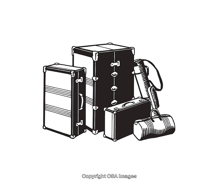 Vintage Black and White Luggage Illustration with Travel Accessories