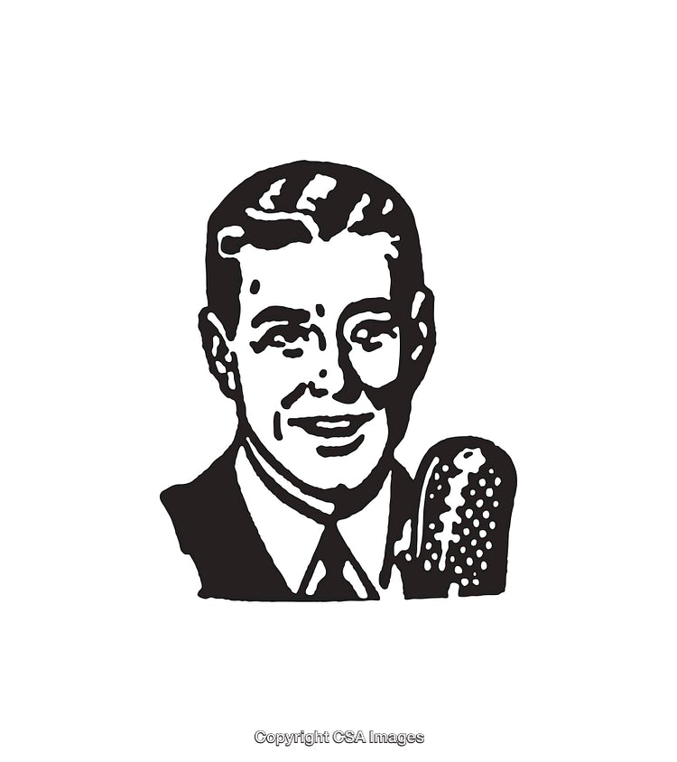 Vintage Black and White Illustration of a Man with a Microphone