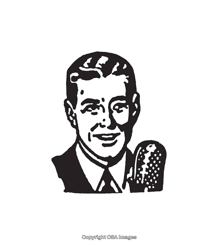 Vintage Black and White Illustration of a Man with a Microphone