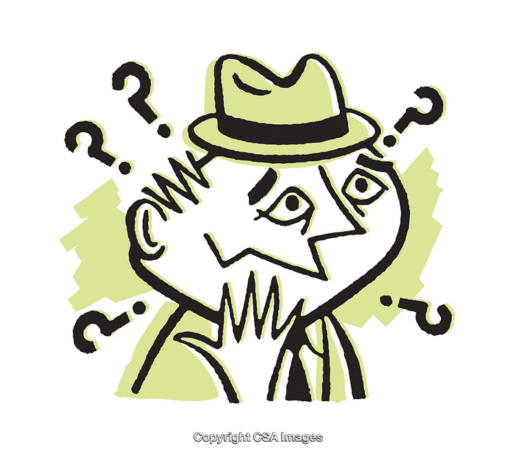 Confused Cartoon Character Surrounded by Question Marks in Green Illustration